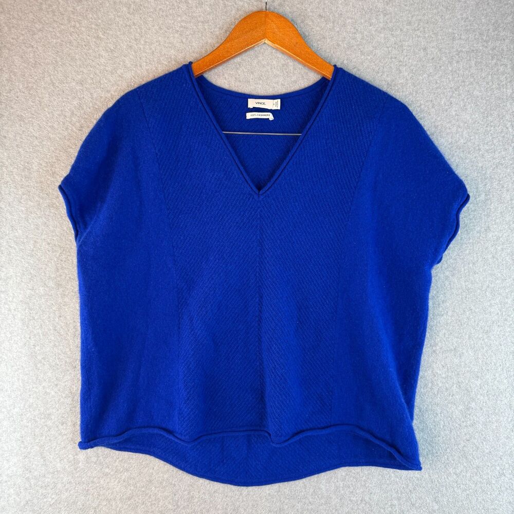 Vince Blue Chevron-Stitched Cashmere Short Sleeve Sweater V-Neck Quiet Luxury M
